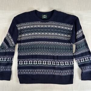 Vintage 90s Janzten Mens Large Navy Nordic Knit Sweater L Grandpa Fair Isle USA